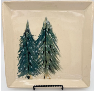 Square Platter with 2 Pine Trees by Gina Criaris